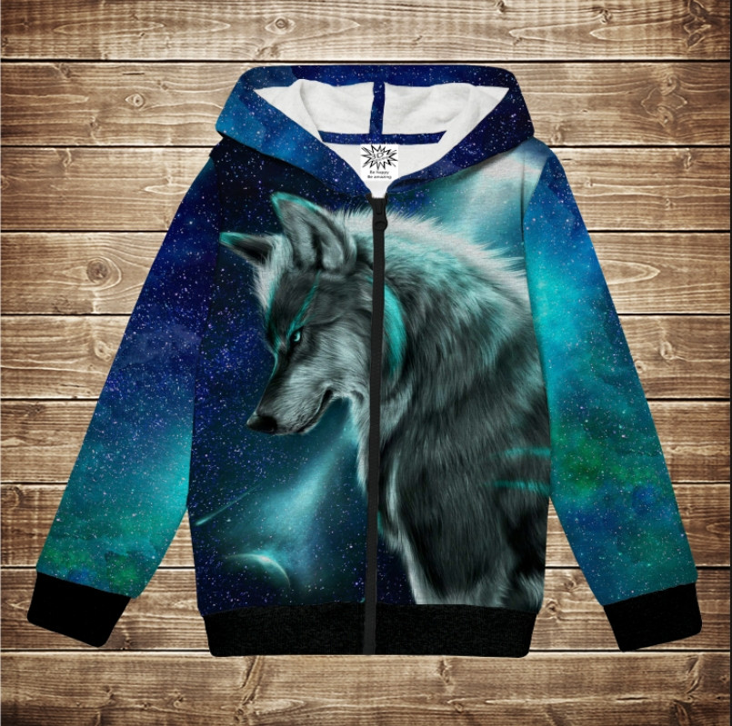 Худи теплый с 3Д принтом Wolf Cosmic Neon. Взрослые и детские размеры
