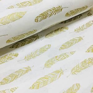 Ткань поплин золотые (глиттер) перья на белом (ТУРЦИЯ шир. 2,4 м) №32-120