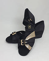 Туфли для танцев блок-каблук "Татьяна" в черном сатине с золотой парчой