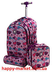 Набір мемодани-рюкзаки + сумки +пенали дитячі на 2 колесах 3 відділення "Love" бузковий для дівчинки