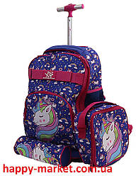 Набір мемодани-рюкзаки + сумки +пенали дитячі на 2 колесах 3 відділення Єдиноріг бузковий для дівчаток LH1197-3
