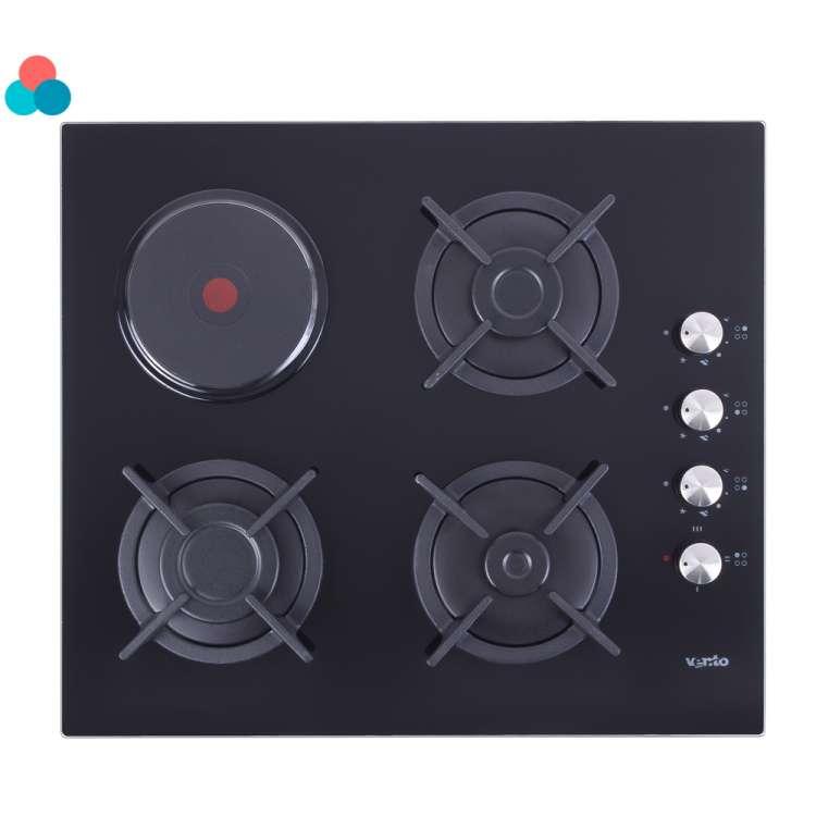 Варильна поверхня Ventolux HSF631-A3G CS (BK), чорна скляна, комбінована 3+1, газова + електрична, фото 1