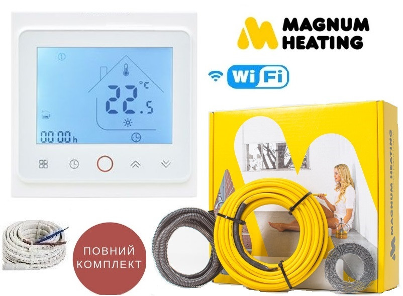 Електрична тепла підлога Magnum 7,3м2-9,2м2/1250Вт (73,5 м) нагрівальний кабель в стяжку+терморегулятор TWE02 Wi-Fi