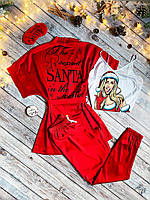 Комплект (піжама новорічна та халат) жіночий шовковий з принтом Santa червоний
