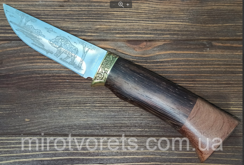 >>Ніж мисливський Кабанчик, 65Х13 латунь, дерево, малюнок кабан, наскрізне кріплення