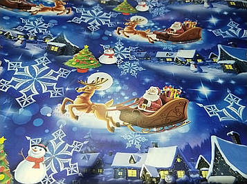 Бумага упаковочная размер 1 метр на 70 см с новогодним рисунком дед Мороз на санях снеговик елка 1 шт