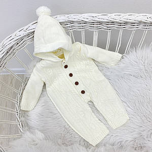В'язаний комбінезон осінь/зима з бубоном молочні Розміри 3-6 м (62 см), 6-9 м (68 см), 9-12 м (74 см)