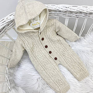 В'язаний комбінезон осінь/зима з бубоном бежевий. Розміри 9-12 міс (74)