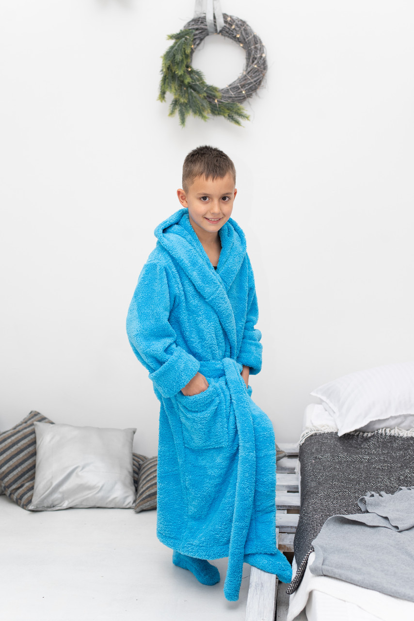 Мягкий теплый махровый халат голубого цвета на мальчика с носочками в подарок - фото 3 - id-p1302594779