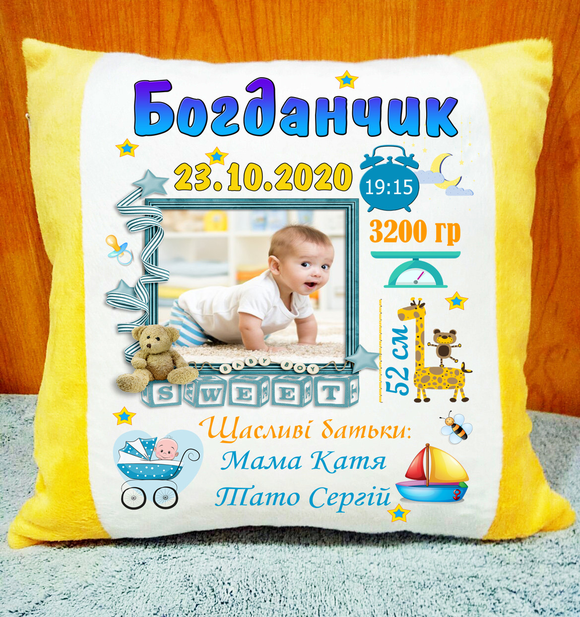 Подушка метрика з Вашим фото. Плюшева декоративна подушка на подарунок