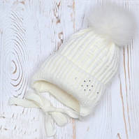 Зимова шапка Arctic ОГ 48-53 см дитяча для дівчаток фліс помпон — песик 061-Сніжинка молочна