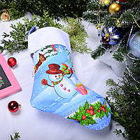 Новогодний подарочный сапог, Рождественский носок, рогожка, с принтом - снеговик.