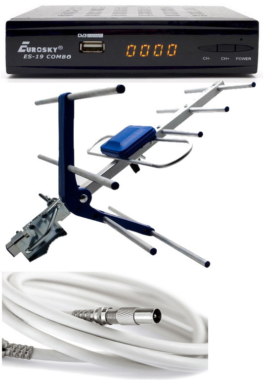 Eurosky ES-19 Combo + Т2 антена Eurosky ES-003 (синій) + кабель 10 м + конектори, фото 1