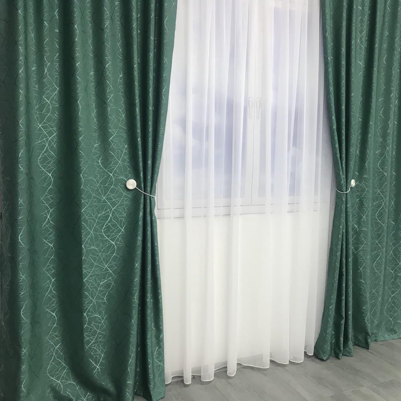 Штори льон "бите скло" бірюзові з білим шифоновим тюлем ALBO (SHTN-M17-19), фото 1