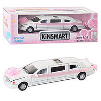 Машинка Лімузин Lincoln 7d металева, інерційна KINSMART 17 см, 1:38 відкриваються двері біло-рожева