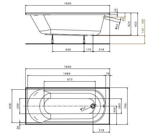 OPAL PLUS ванна прямоугольная 160х70 см, без ножек - фото 2 - id-p944247037