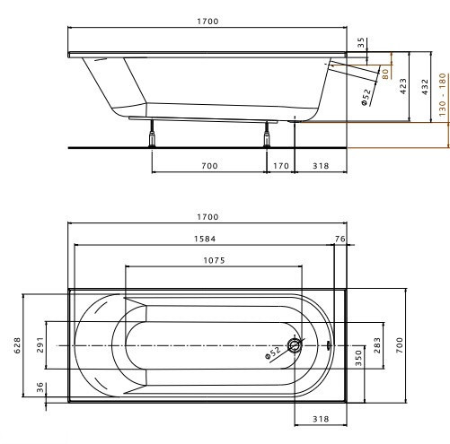 OPAL PLUS ванна прямоугольная 170х70 см, без ножек - фото 2 - id-p944247038