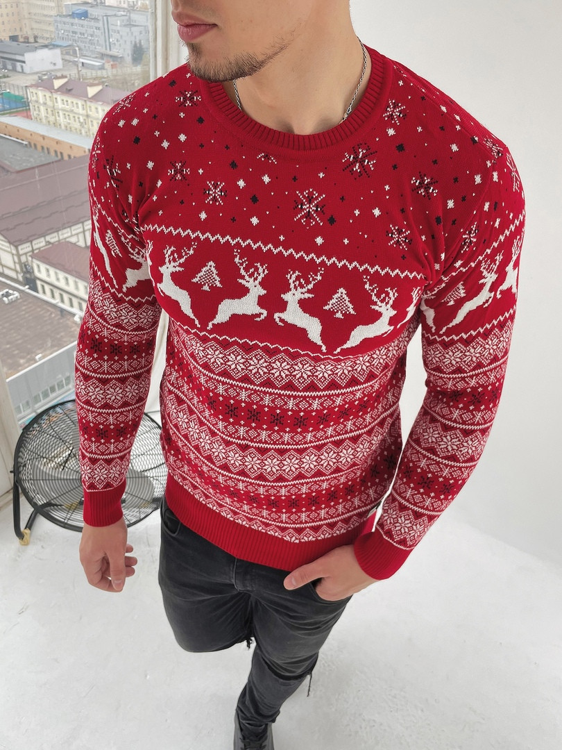Чоловічий светр з оленями червоний стильний