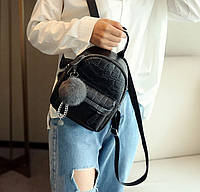 Стильный женский рюкзак с меховым брелком Большой, Черный Мини, Черный