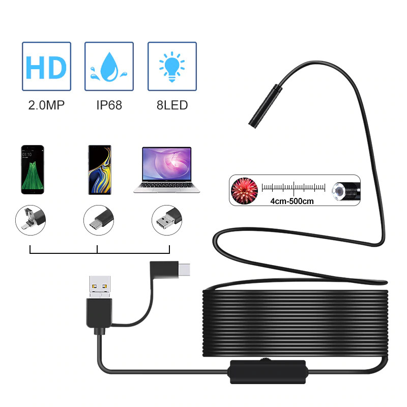 USB ендоскоп для смартфона і ноутбука KERUI A99, матриця 2 Мп HD960P d 8мм, підсвічування 8 LED, кабель 1/2/5/10м