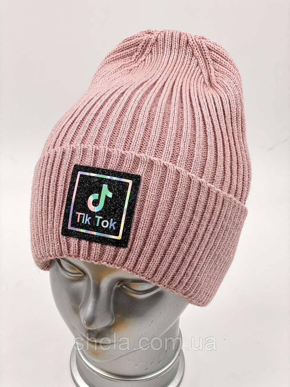 Дитяча в'язана шапочка ковпак для дівчинки на флісі «Tik Tok стрази», без зав'язок, ОПТ,, фото 1
