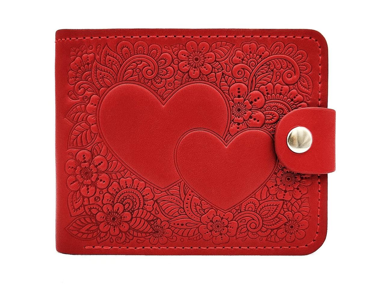 Елегантне портмоне-гаманець № 3 з відділенням для фото тиснення Два Серця червоне. Жіночий гаманець, портмоне