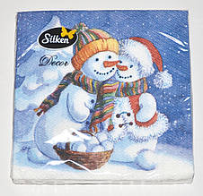 Серветки 2х-слойні новорічні 16 шт, 33*33 см "Silken" / Дід Мороз Сніговики