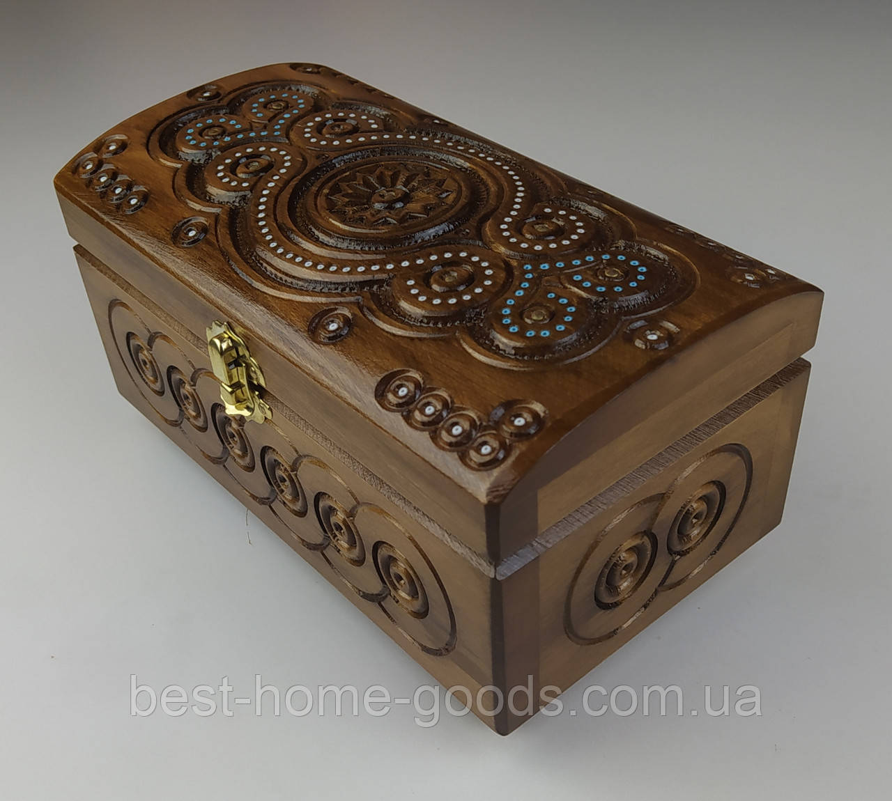 Різьблена шкатулка з черешні 20.8×10.7×11 см | Дерев’яна скринька з інкрустацією бісером ручної роботи | Шкатулка з Карпат, фото 1