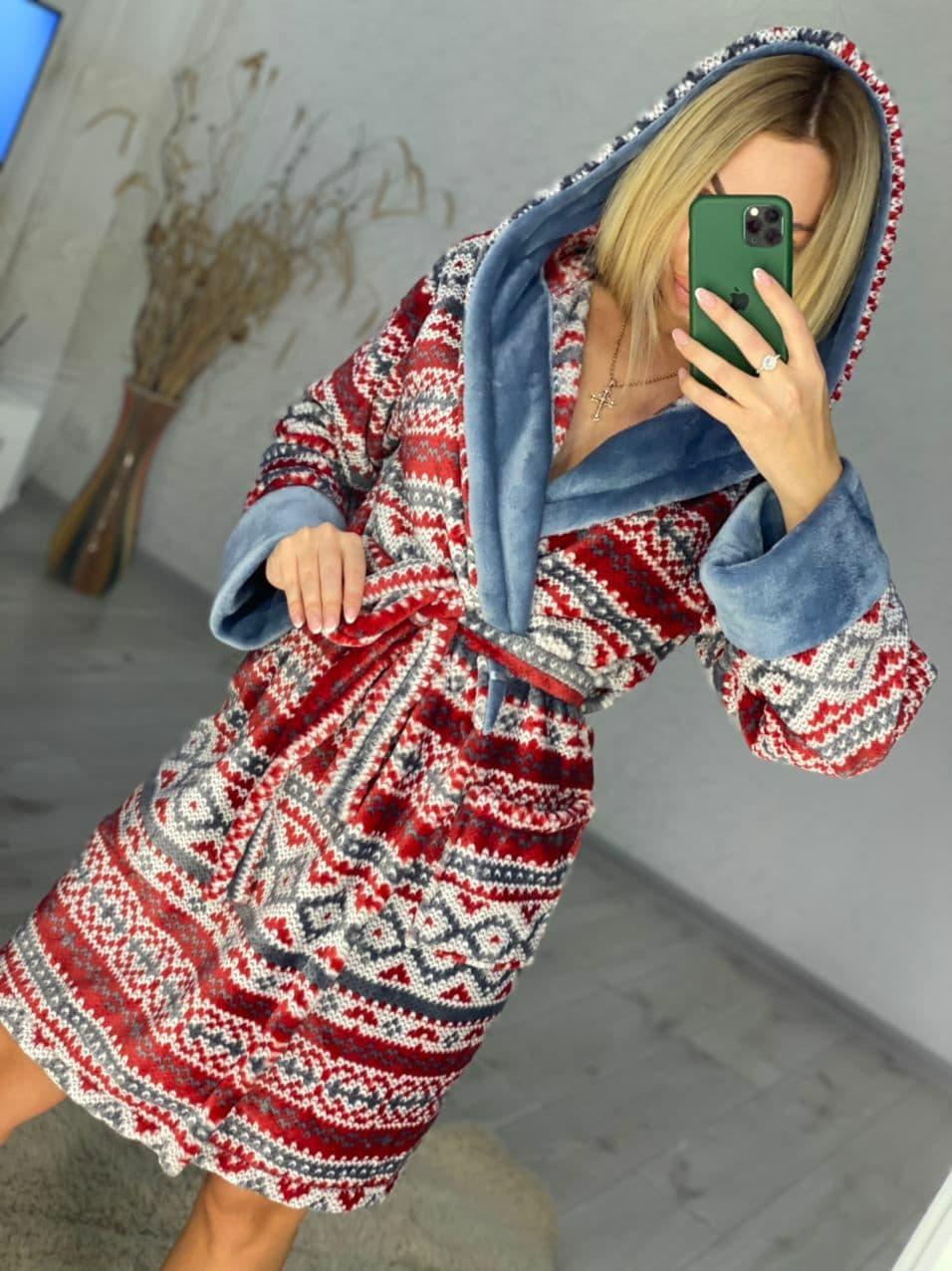 Халат жіночий махровий червоний короткий з візерунком