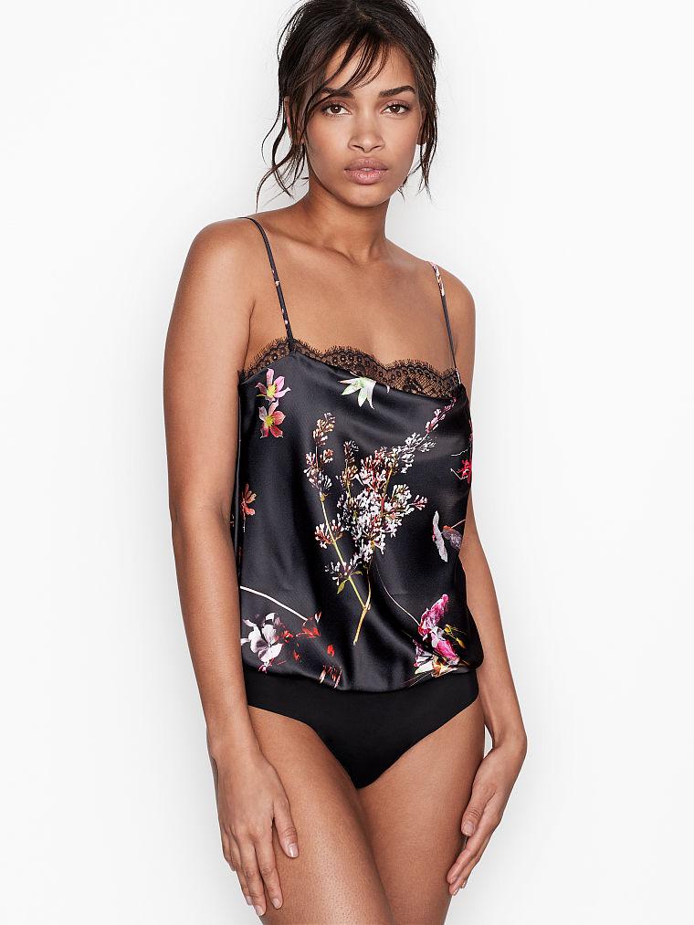 Шовкова майка-боді Victoria's Secret Satin Cowl-neck Bodysuit, Чорна з квітами