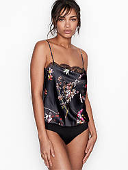 Шовкова майка-боді Victoria's Secret Satin Cowl-neck Bodysuit, Чорна з квітами XS