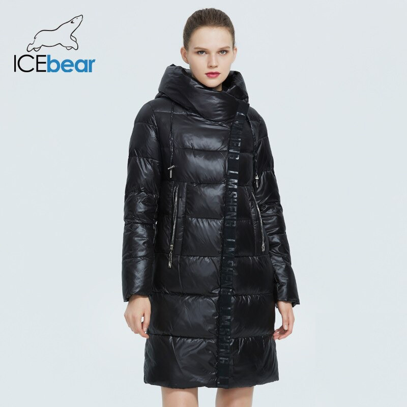 Пуховик жіночий зимовий ICEbear. Куртка подовжена тепла з каптуром на биопухе (чорний) L