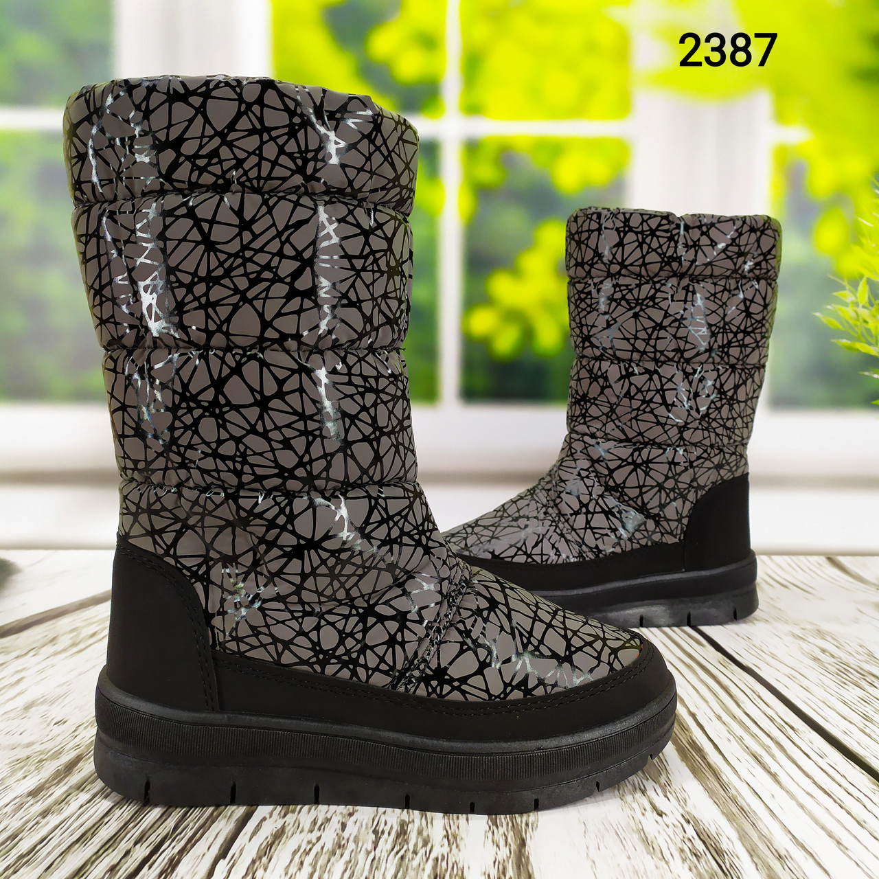 Чобітки жіночі зимові дутіки сірі "Павутинка", фото 1