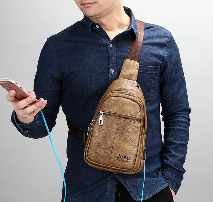 Мужская сумка бананка на грудь барсетка на плечо кроссбоди Jeep с USB экокожа - фото 7 - id-p1304409441