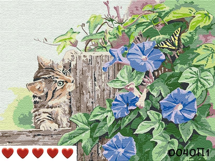 Картина за номерами (малювання за цифрами, живопис) 0040П1 (Кіт у квітах)