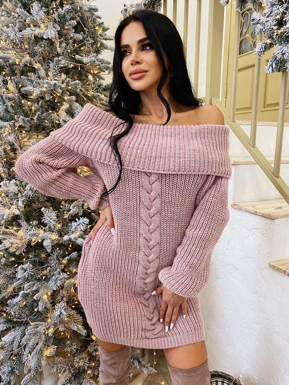 Жіноче в'язане плаття Коса горловина Анжелика з закотом із відкритими плечима, фото 1