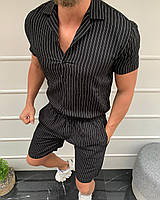 Стильный мужской летний комплект рубашка и шорты черный в белую полоску - S, M, L, XL, 2XL