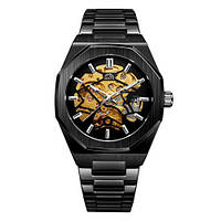 Черные механические часы с автоподзаводом минеральное стекло Gusto Skeleton, мужские наручные часы скелетон