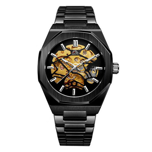 Чорний механічний годинник з автопідзаводом мінеральне скло Gusto Skeleton, чоловічий наручний годинник скелетон