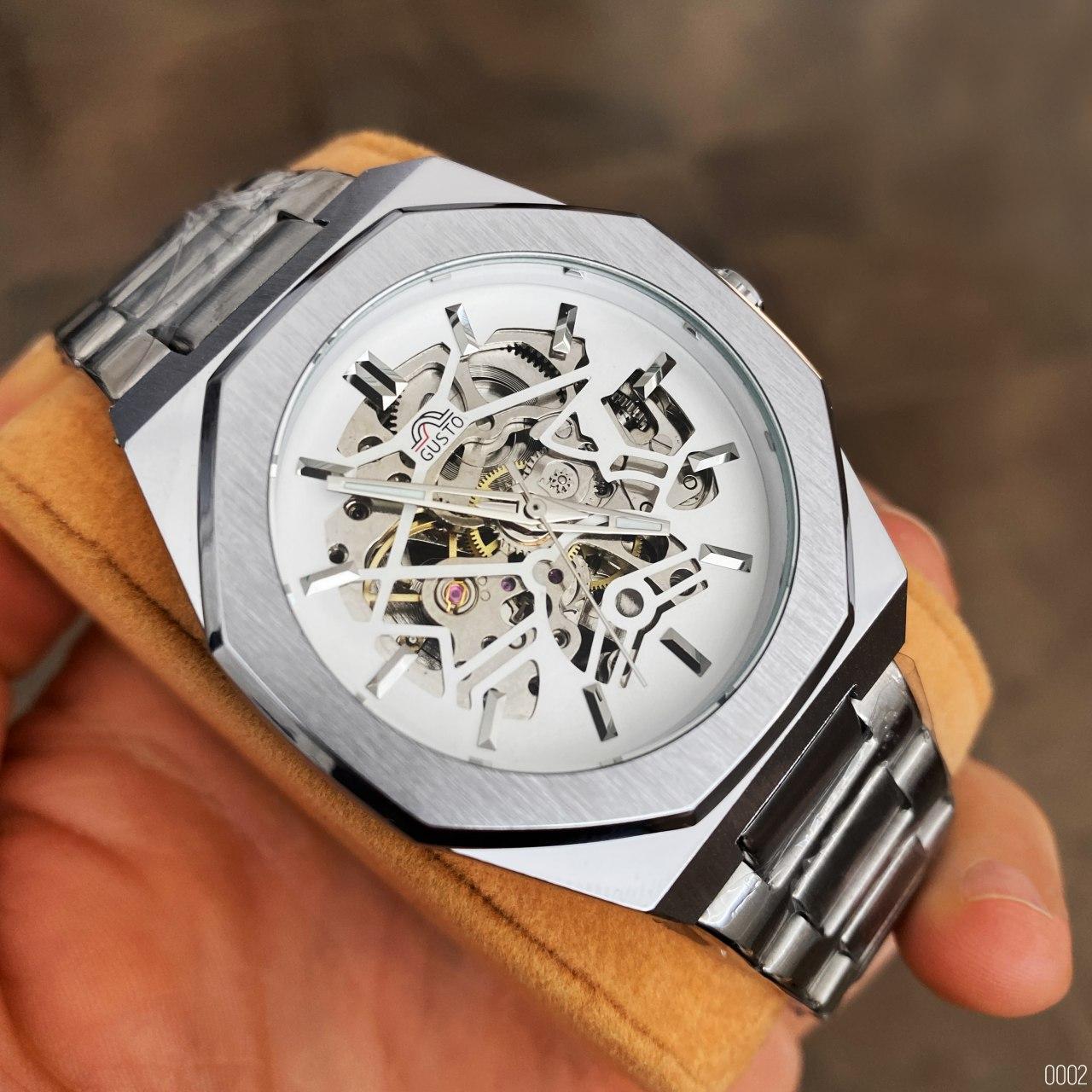 Годинники скелетони механічні чоловічі протиударні Gusto Skeleton Silver-White