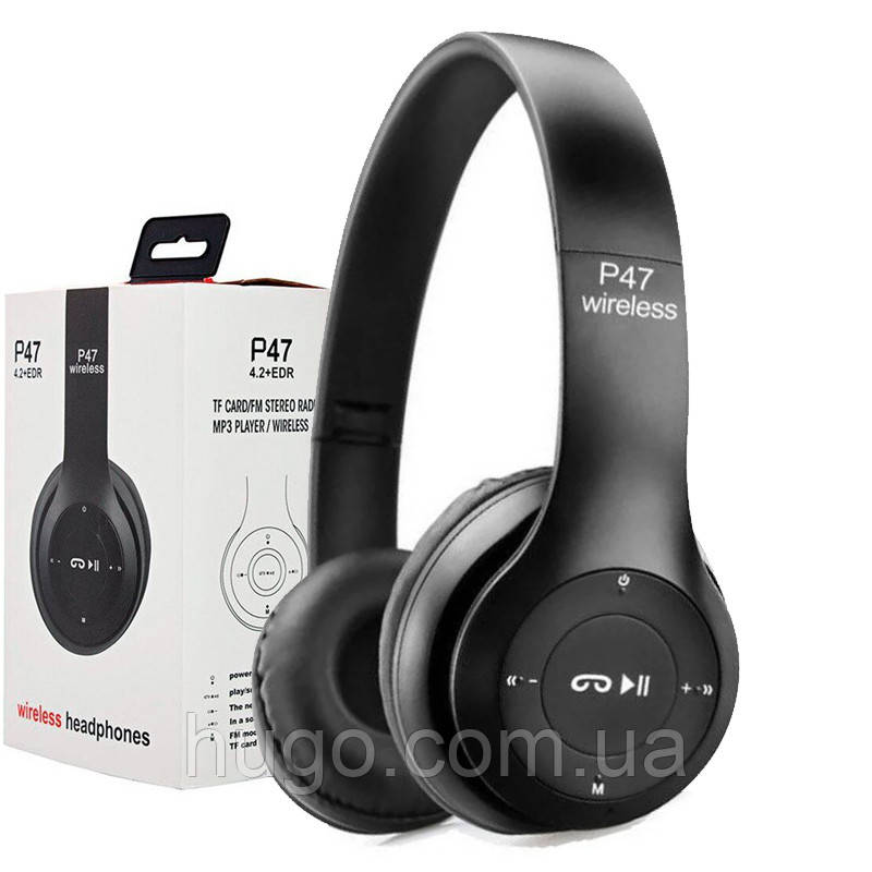 Бездротові Bluetooth навушники P47 з плеєром, Чорний / Повнорозмірні накладні навушники з мікрофоном, фото 1