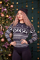 Женский свитер новогодний с оленями темно-синий