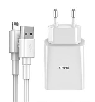 Зарядний пристрій (зарядка) для телефону Baseus 2хUSB 2.1 A + кабель Lightning Білий (TZCCFS-R02), фото 1
