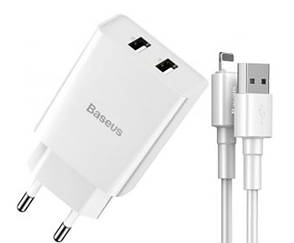 Зарядний пристрій (зарядка) для телефону Baseus 2хUSB 2.1 A + кабель Lightning Білий (TZCCFS-R02), фото 4