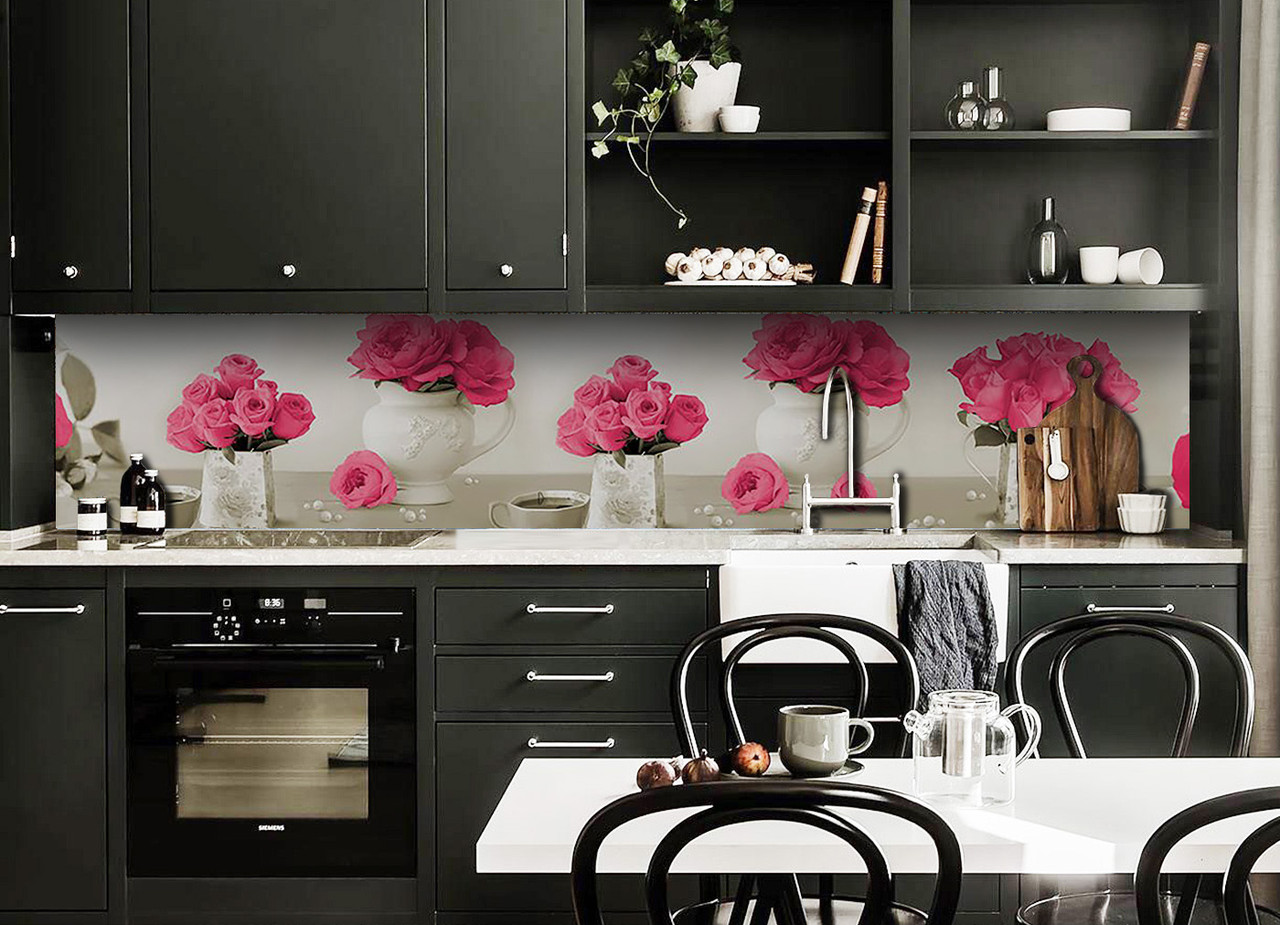 Скинали на кухню Zatarga Букет рожевих Троянд 2000х600 мм вінілова 3Д Наліпка кухонний фартух самоклеюча