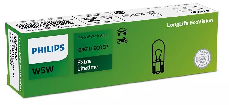 Сигнальні лампи Philips LongLife Ecovision W5W 12 V 5 W W2,1X9,5d (12961LLECO) 1 шт