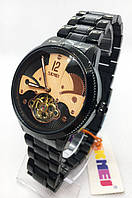Часы мужские механические Skmei 9205 (Скмеи), цвет черный с желтым циферблатом ( код: IBW541BY )