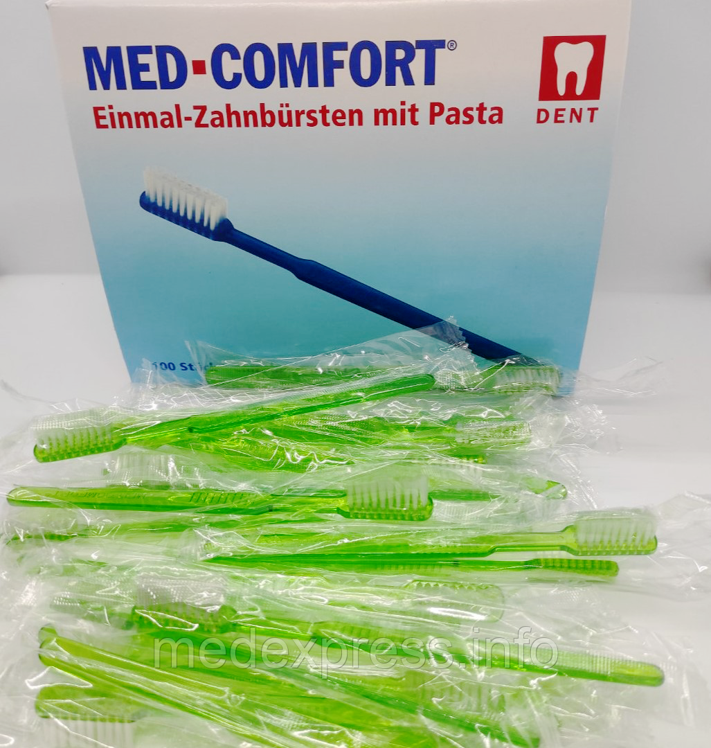 Щётка зубная одноразовая с пастой Med Comfort лайм, 100 шт/уп - фото 1 - id-p1305632361