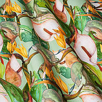 Ткань для штор хлопковая оранжевые и белые цветы на зеленом фоне