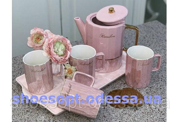 Чайний набір із тацею рожевий 6 предметів